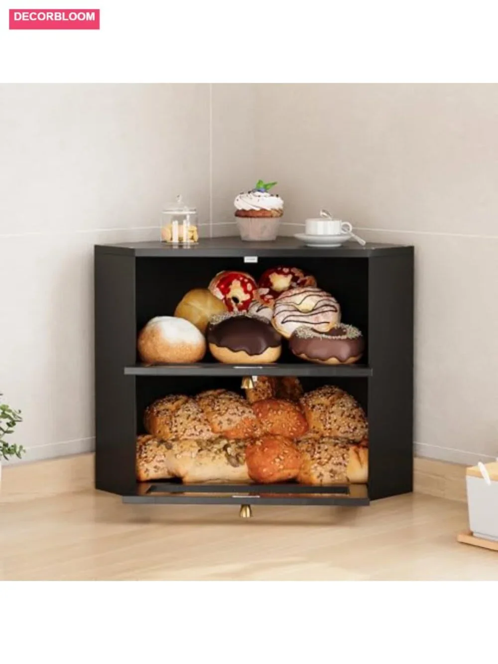 Corner Bamboo Bread Box Double Layer Storage with Transparent Door